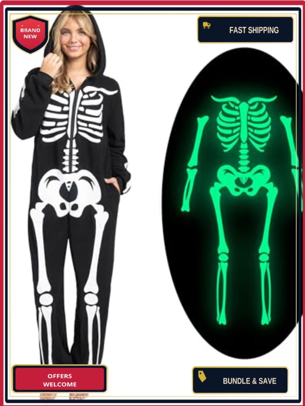 Glow in the Dark Skeleton Hooded Jumpsuit Halloween Costume